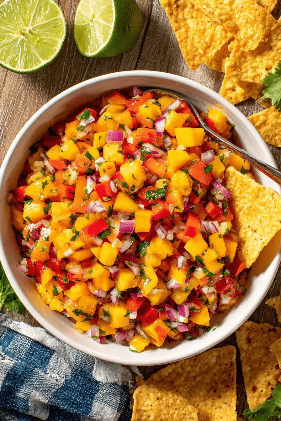 Amazing Fresh Peach Mango Salsa Recipe 2 Vibrant overhead shot of fresh peach mango salsa with tortilla chips and lime on a rustic wooden surface.