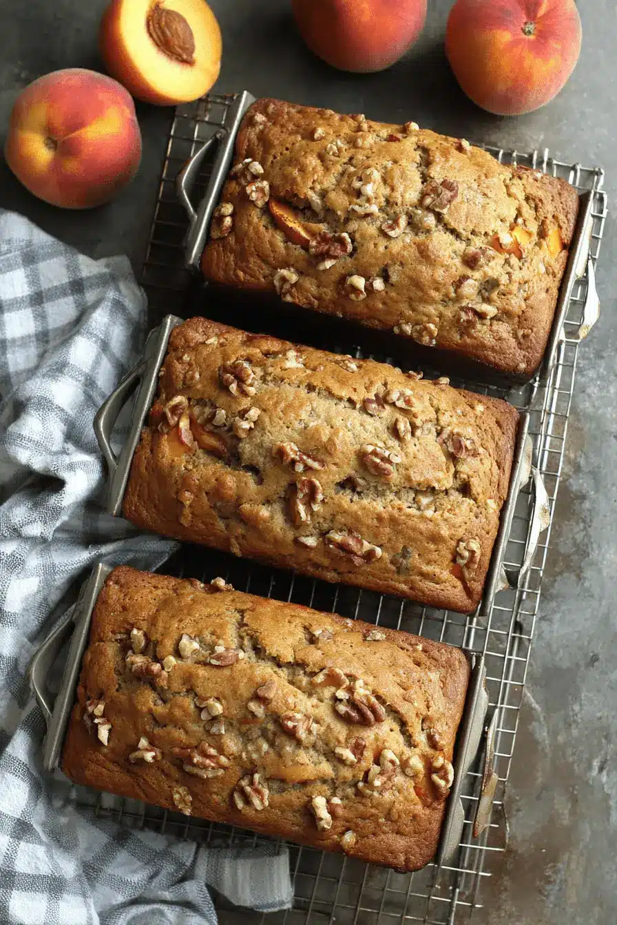 Amazing Moist Peach Bread Recipe 2 Close-up of three freshly baked peach bread loaves with walnuts cooling on a wire rack, next to fresh peaches.