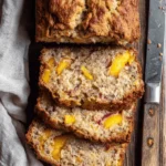 Ultimate Peach Banana Bread: Easy & Moist Recipe 6 Close-up overhead view of freshly baked peach banana bread on a rustic wooden cutting board, showing moist slices with fruit chunks.