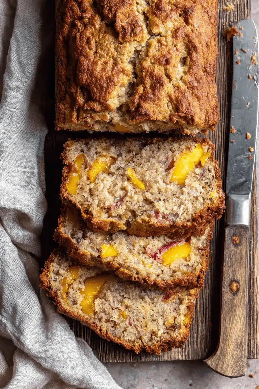 Ultimate Peach Banana Bread: Easy & Moist Recipe 2 Close-up overhead view of freshly baked peach banana bread on a rustic wooden cutting board, showing moist slices with fruit chunks.