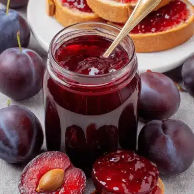 Wonderful Foolproof No-Pectin Plum Jam 4 Close-up of homemade plum jam in a glass jar, surrounded by fresh dark purple plums and toasted bread spread with glistening plum jam.