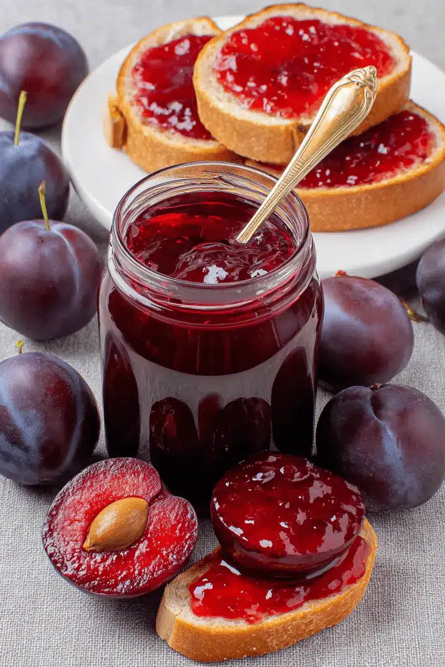 Wonderful Foolproof No-Pectin Plum Jam 2 Close-up of homemade plum jam in a glass jar, surrounded by fresh dark purple plums and toasted bread spread with glistening plum jam.