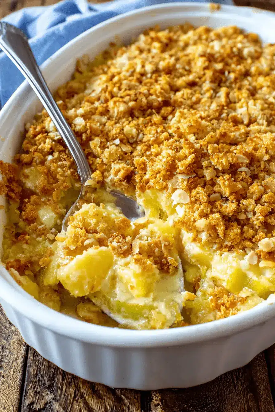 Ultimate Yellow Squash Casserole: Perfectly Creamy 2 Close-up of a delicious, golden-brown yellow squash casserole in a white baking dish with a spoon.