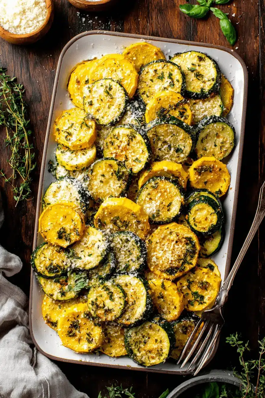 Amazing Foolproof Roasted Zucchini & Yellow Squash 10 Top-down view of a white platter filled with perfectly roasted zucchini and yellow squash, garnished with Parmesan and fresh herbs.