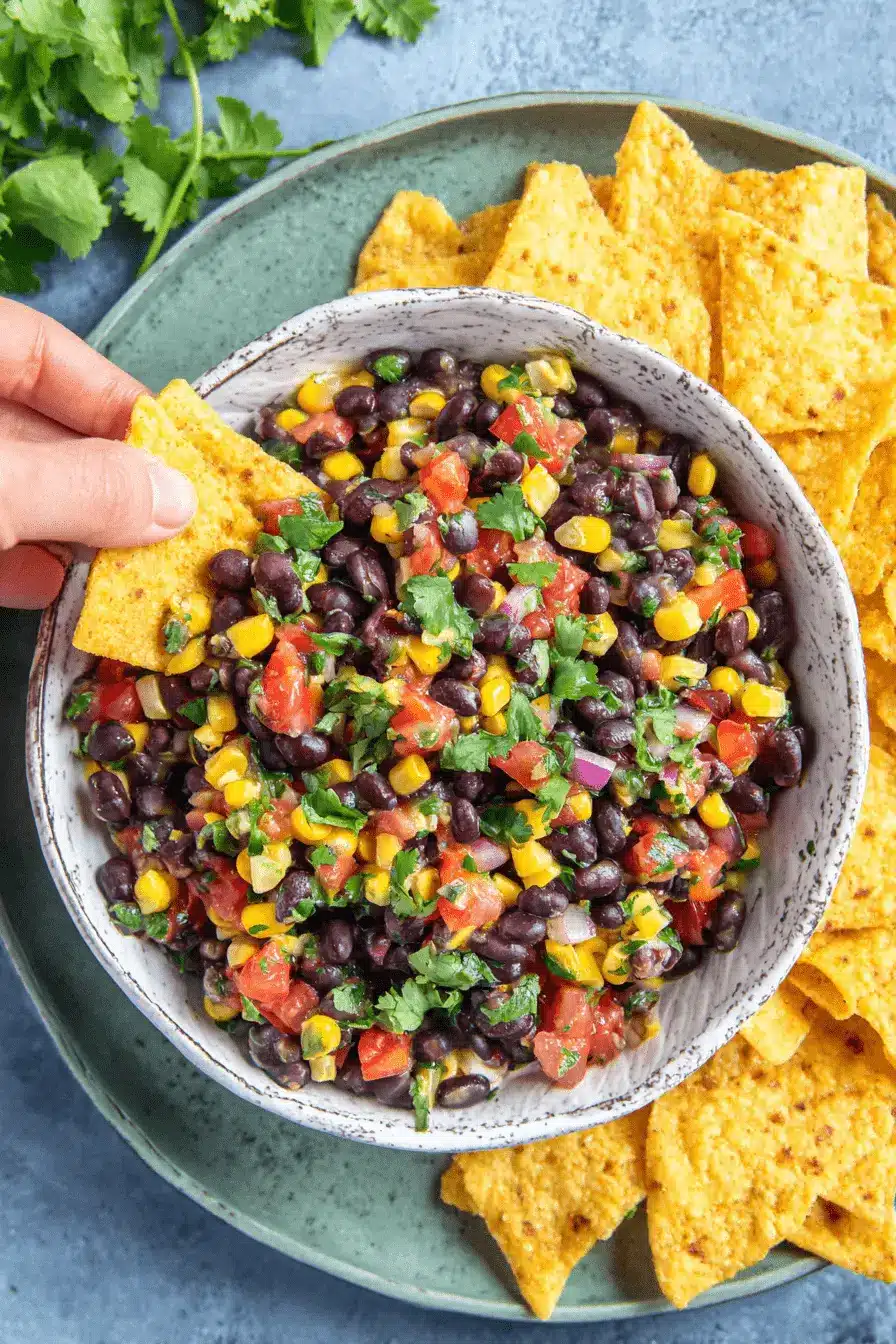 Amazing Black Bean and Corn Salsa Recipe 2 Vibrant black bean and corn salsa in a rustic bowl, ready to be scooped with golden tortilla chips.