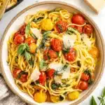 Amazing Foolproof Cherry Tomato Pasta 7 Close-up of creamy cherry tomato pasta with blistered tomatoes, fresh basil, and shaved Parmesan in a rustic bowl.