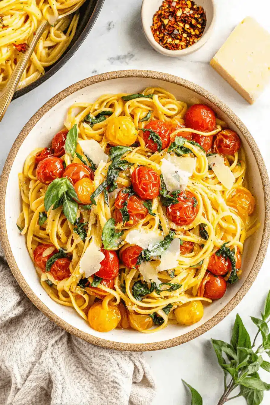 Amazing Foolproof Cherry Tomato Pasta 2 Close-up of creamy cherry tomato pasta with blistered tomatoes, fresh basil, and shaved Parmesan in a rustic bowl.