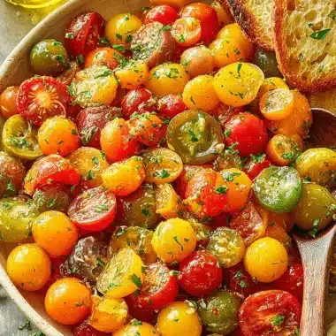 Amazing Foolproof Cherry Tomato Salad 4 Vibrant cherry tomato salad with mixed halved tomatoes, fresh herbs, and olive oil, served with toasted crostini.