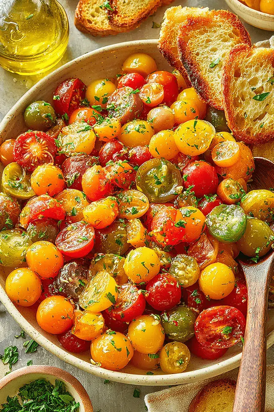 Amazing Foolproof Cherry Tomato Salad 2 Vibrant cherry tomato salad with mixed halved tomatoes, fresh herbs, and olive oil, served with toasted crostini.