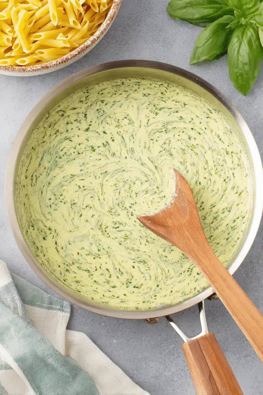 Quick Creamy Pesto Sauce: Your Weeknight Hero 2 Top-down view of creamy pesto sauce being stirred in a stainless steel pan, with penne pasta and fresh basil.
