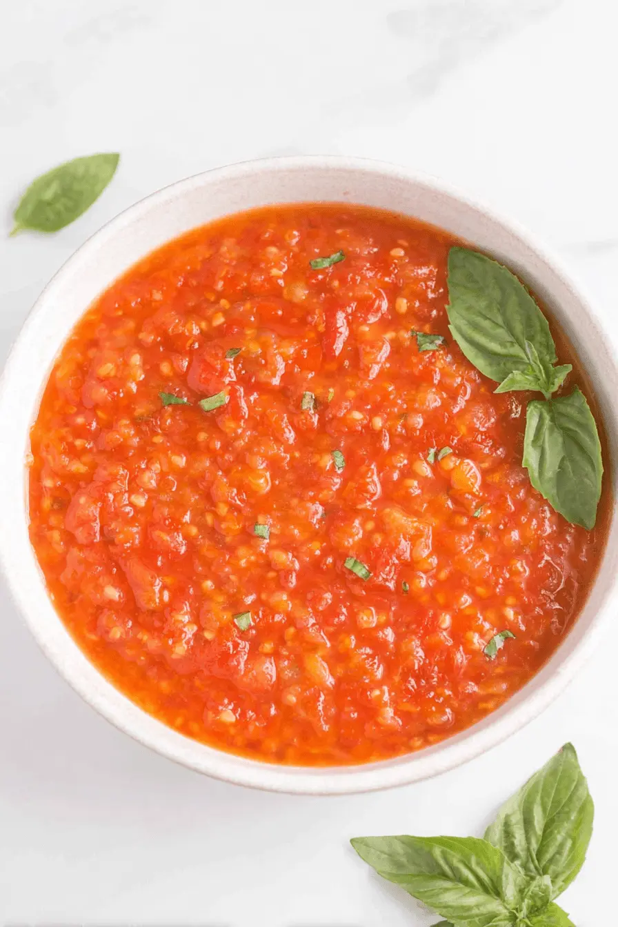 The Ultimate Cherry Tomato Sauce Recipe 2 Close-up of a vibrant, chunky cherry tomato sauce in a light bowl, garnished with fresh basil.
