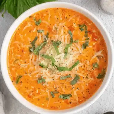 Amazing Roasted Cherry Tomato Soup 4 Creamy cherry tomato soup in a white bowl, garnished with Parmesan and fresh basil.