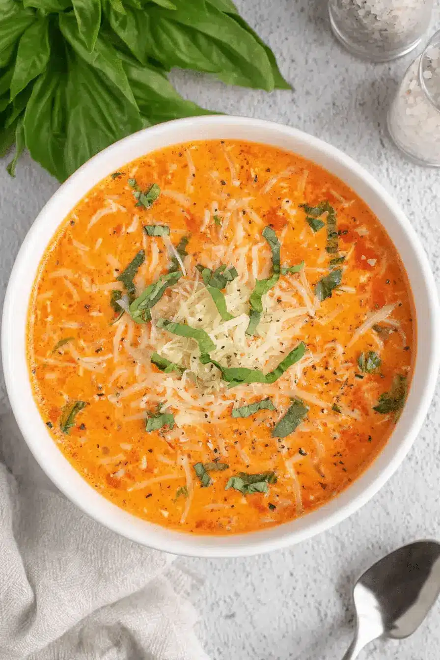 Amazing Roasted Cherry Tomato Soup 2 Creamy cherry tomato soup in a white bowl, garnished with Parmesan and fresh basil.