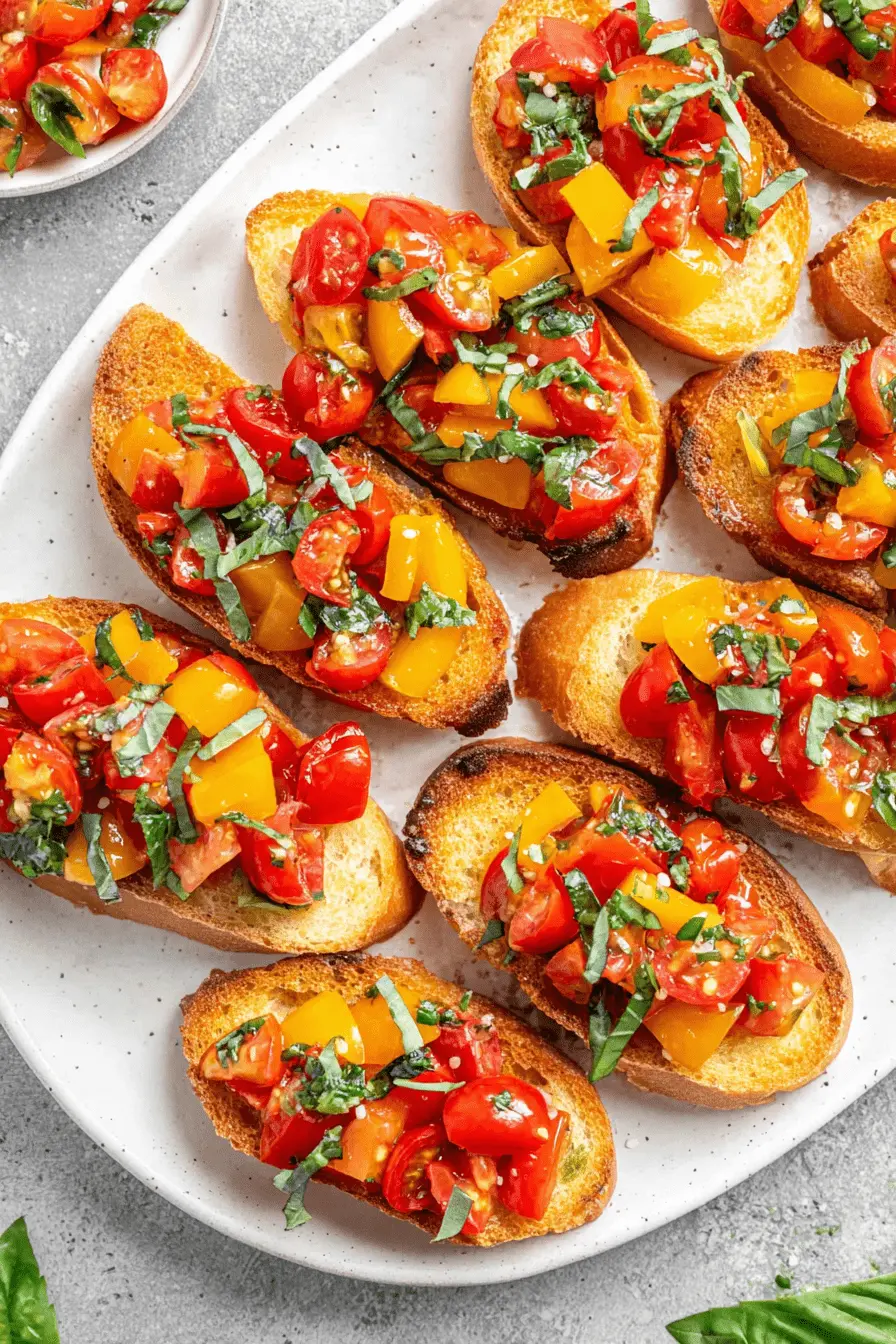Amazing Cherry Tomato Bruschetta: Quick & Easy 2 Close-up of vibrant cherry tomato bruschetta on toasted baguette with fresh basil, ready to serve.