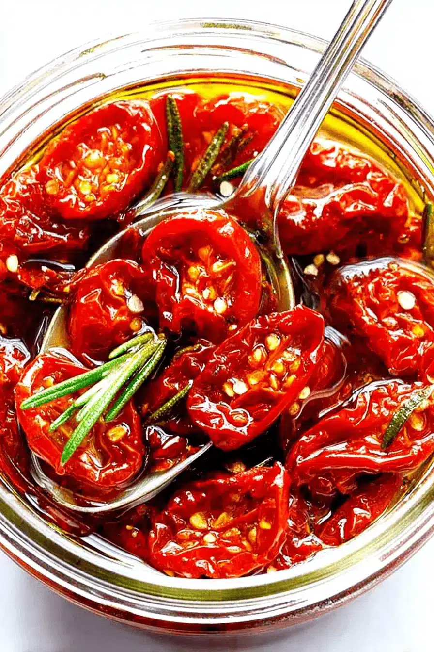 Fantastic Oven Sun Dried Tomatoes: Easy Homemade 2 A close-up, top-down view of a glass jar filled with vibrant oven sun dried tomatoes, preserved in golden oil with fresh rosemary, a spoon ready to serve.