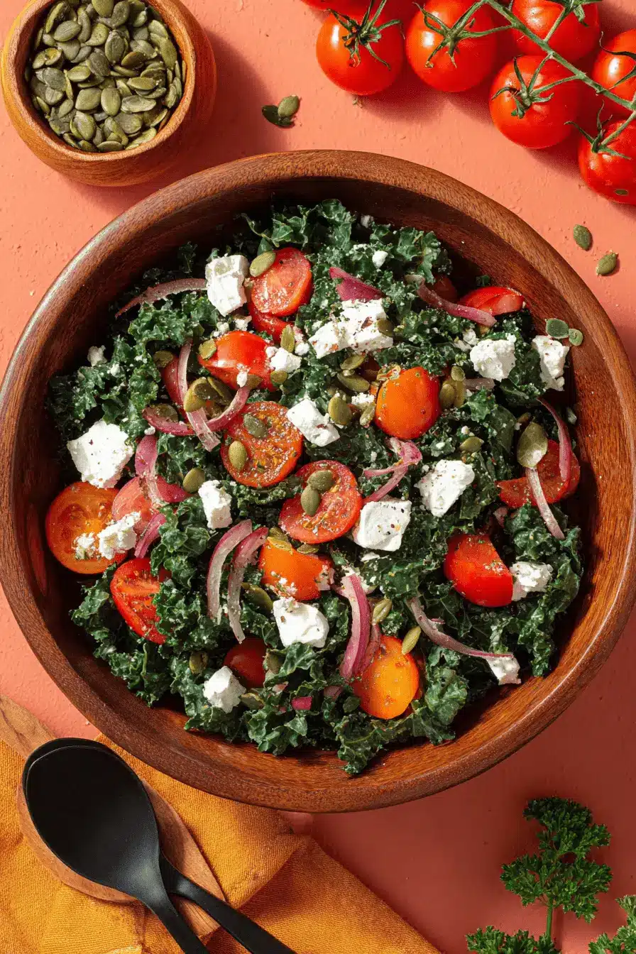 Vibrant Kale Tomato Salad: Simple & Terrific 2 Vibrant kale tomato salad with feta, red onion, and pumpkin seeds in a rustic wooden bowl.