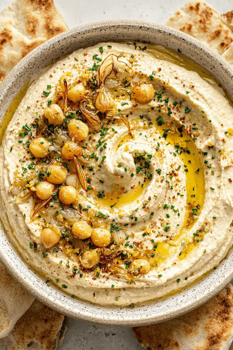 Amazing Homemade Hummus: Easy, Creamy Perfection 2 Creamy homemade hummus garnished with chickpeas, caramelized onions, chives, red pepper flakes, and olive oil, served with pita bread.