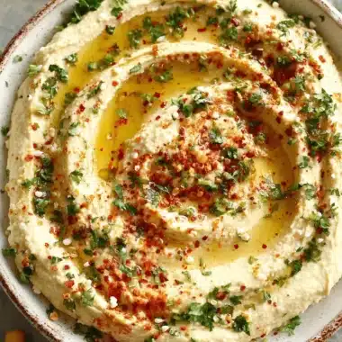Amazing Hummus Recipe: Silky Smooth & Simple 3 Creamy hummus rezept in a rustic bowl, garnished with olive oil, parsley, and paprika, surrounded by chickpeas.