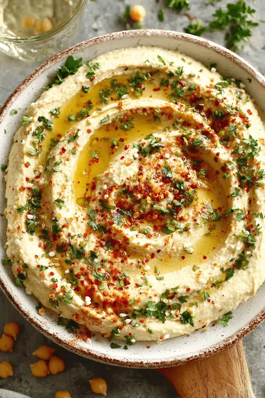 Amazing Hummus Recipe: Silky Smooth & Simple 2 Creamy hummus rezept in a rustic bowl, garnished with olive oil, parsley, and paprika, surrounded by chickpeas.
