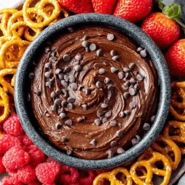 Amazing Chocolate Hummus: Guilt-Free & Easy Treat 3 Creamy chocolate hummus platter with fresh strawberries, raspberries, and pretzels.