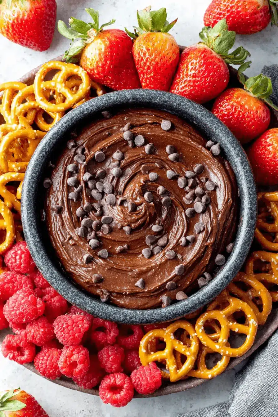 Amazing Chocolate Hummus: Guilt-Free & Easy Treat 2 Creamy chocolate hummus platter with fresh strawberries, raspberries, and pretzels.