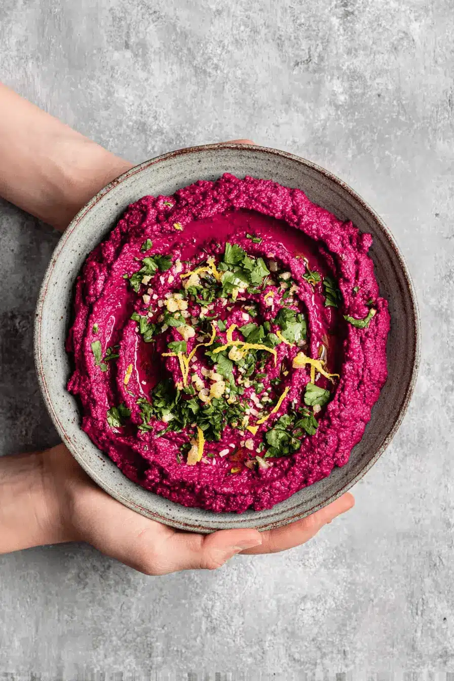Amazing Vibrant Beet Hummus Recipe 2 Vibrant beet hummus in a rustic bowl, garnished with fresh herbs and olive oil, held by hands.