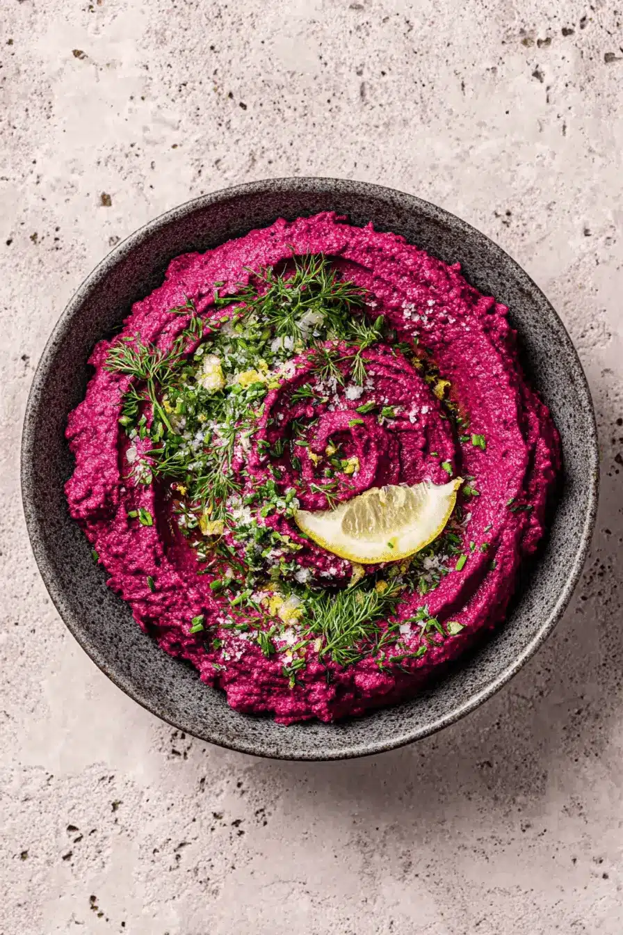 Vibrant Beet Hummus: Easy & Ultra-Creamy Dip 2 Vibrant pink beet hummus swirled in a grey bowl, garnished with fresh herbs and a lemon slice.