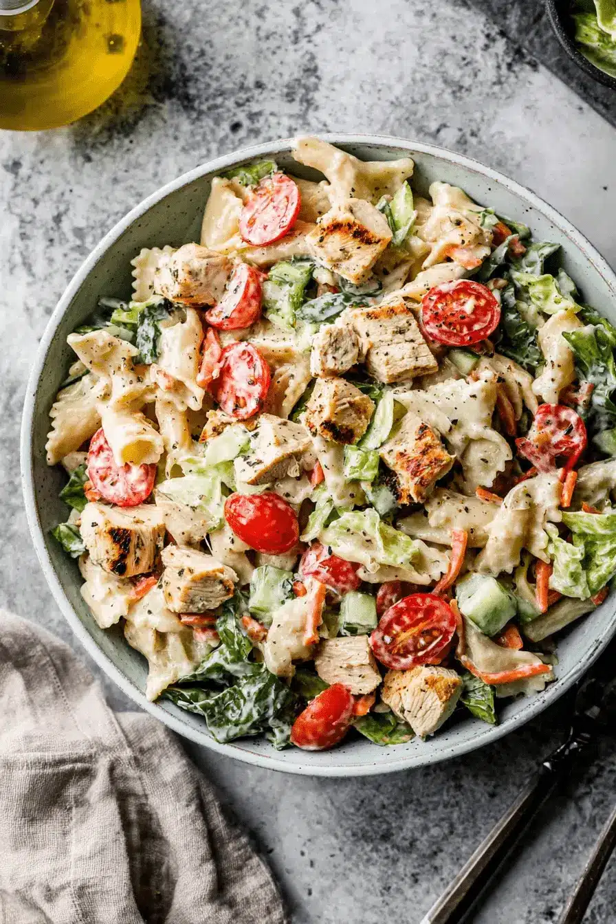 Amazing Ceasar Pasta Chicken Salad: Quick Dinner 2 Top-down view of a vibrant ceasar pasta chicken salad in a light blue ceramic bowl, featuring grilled chicken, farfalle pasta, cherry tomatoes, and fresh greens.