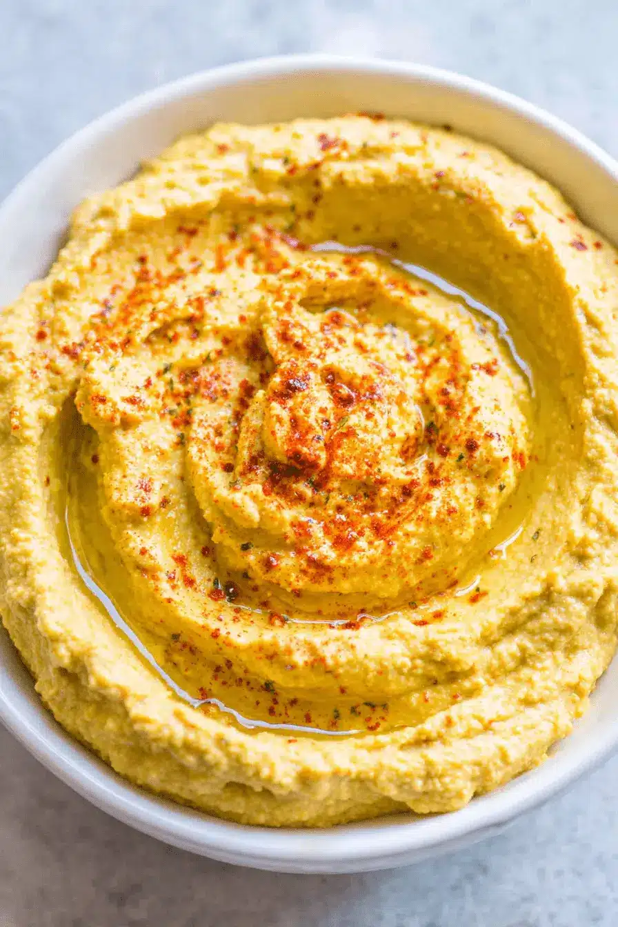 Unparalleled: How to Make Hummus Creamy & Smooth 2 Creamy homemade hummus in a white bowl with olive oil and spices, illustrating how to make hummus.