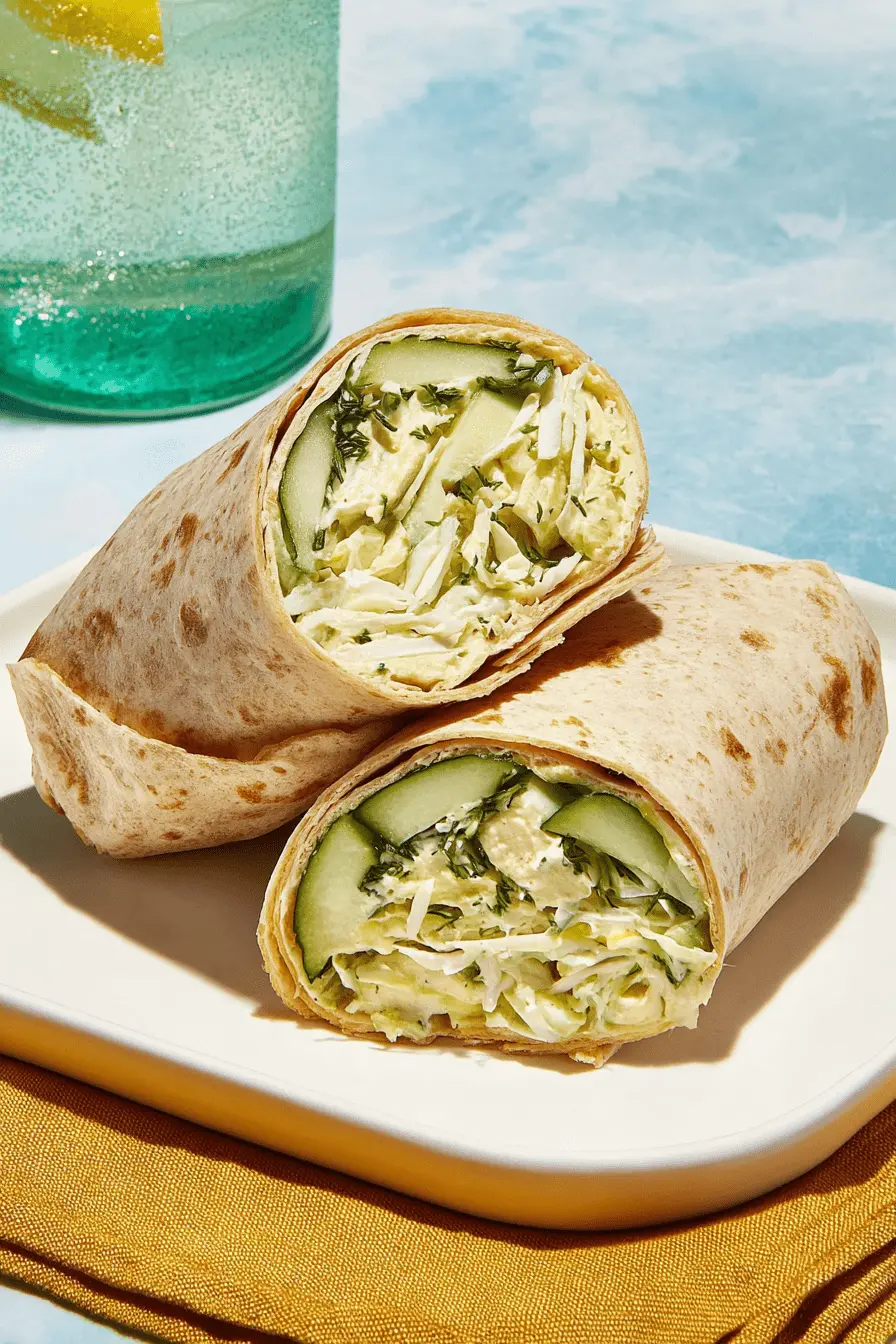 Ultimate Cucumber-Hummus Wrap: Easy Meal Prep 2 Delicious halved Cucumber-Hummus Wrap on a white plate with a refreshing drink.