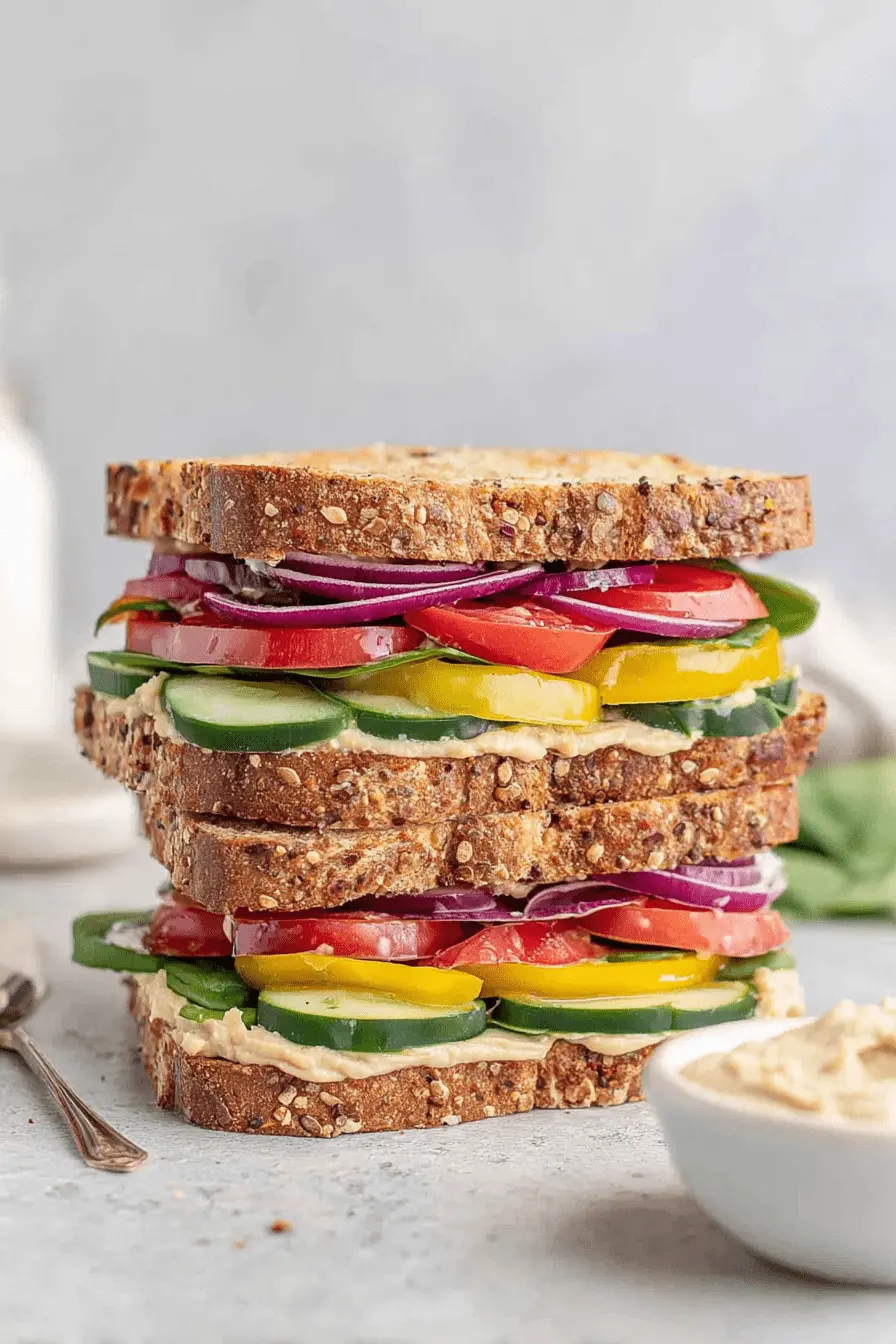 Amazing Hummus Sandwich: Quick & Easy Lunch 2 A tall, multi-layered whole-grain hummus sandwich with red onion, tomatoes, cucumbers, and spinach, served on a light gray surface with a bowl of hummus.