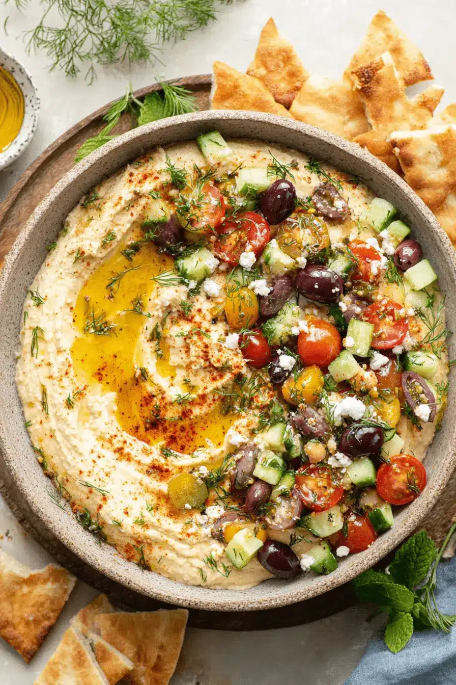 Stunning Loaded Hummus: Easy, Impressive & Delicious 2 Top-down view of a rustic bowl of loaded hummus, garnished with olive oil, paprika, fresh dill, diced tomatoes, cucumber, Kalamata olives, feta cheese, and whole chickpeas, served with toasted pita bread.