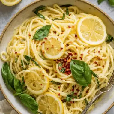 The Ultimate Hummus Pasta: Creamy 20-Minute Meal 4 Creamy hummus pasta garnished with fresh basil, bright lemon slices, and red pepper flakes in a rustic ceramic bowl.