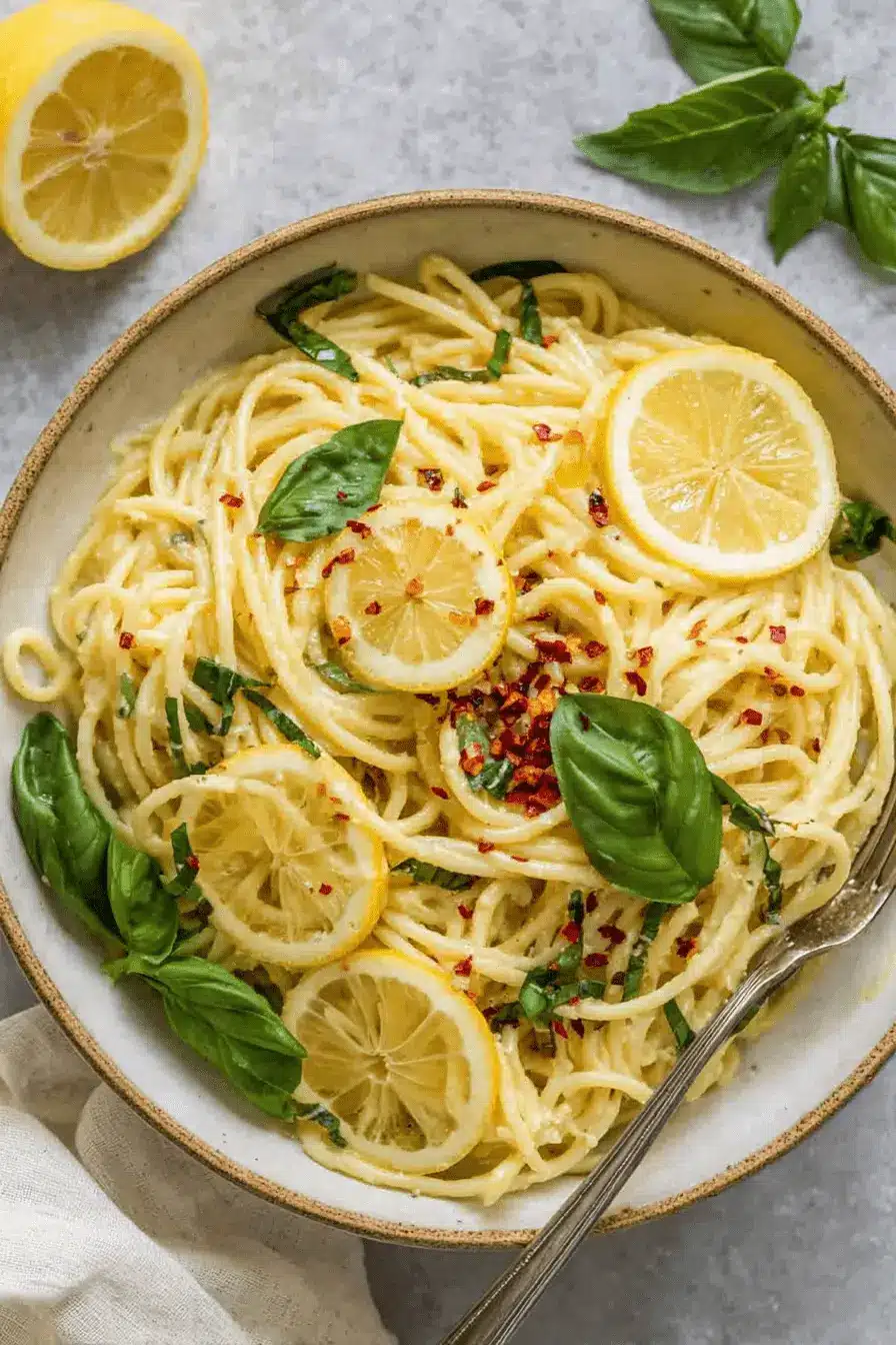 The Ultimate Hummus Pasta: Creamy 20-Minute Meal 2 Creamy hummus pasta garnished with fresh basil, bright lemon slices, and red pepper flakes in a rustic ceramic bowl.