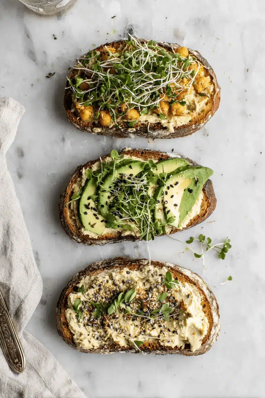 The Ultimate Hummus Toast Guide: Quick & Easy 2 Three vibrant variations of hummus toast on artisan bread, garnished with chickpeas, avocado, and Everything Bagel seasoning.