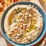 Foolproof Creamy Garlic Hummus Recipe 7 Creamy garlic hummus drizzled with olive oil, garnished with nuts, feta, and parsley, served with warm pita bread.