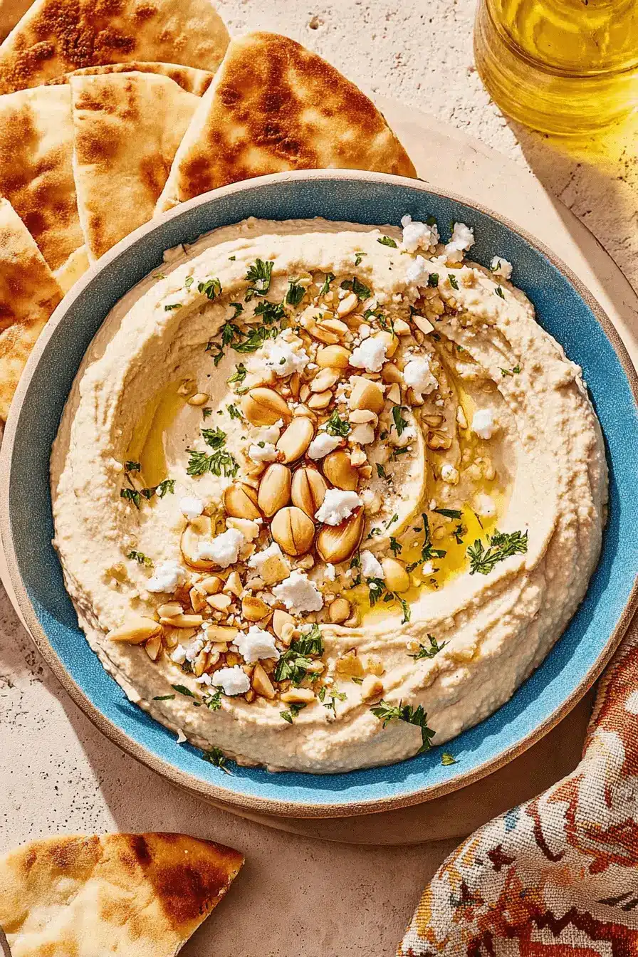 Foolproof Creamy Garlic Hummus Recipe 2 Creamy garlic hummus drizzled with olive oil, garnished with nuts, feta, and parsley, served with warm pita bread.