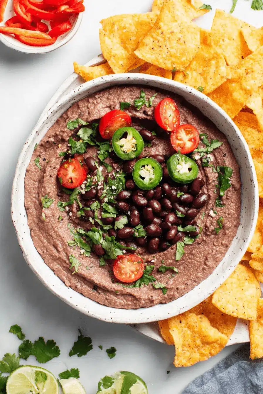 Amazing Creamy Black Bean Hummus Recipe 2 Top-down view of homemade black bean hummus garnished with cherry tomatoes, jalapeños, cilantro, and served with tortilla chips and red bell peppers.