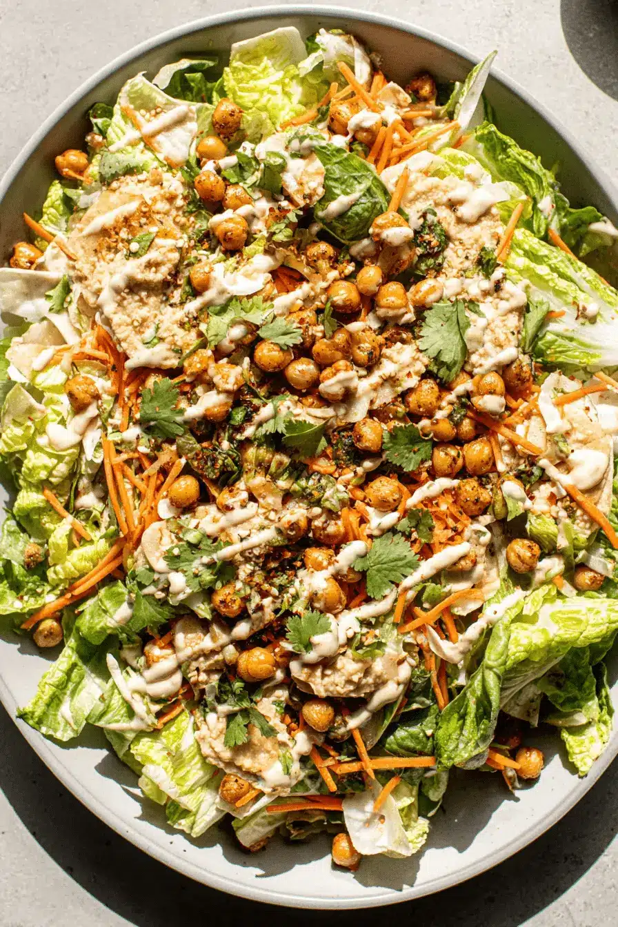 Amazing Hummus Salad: Quick & Creamy Recipe 2 Vibrant hummus salad with fresh greens, roasted chickpeas, and tahini drizzle in a light gray bowl.