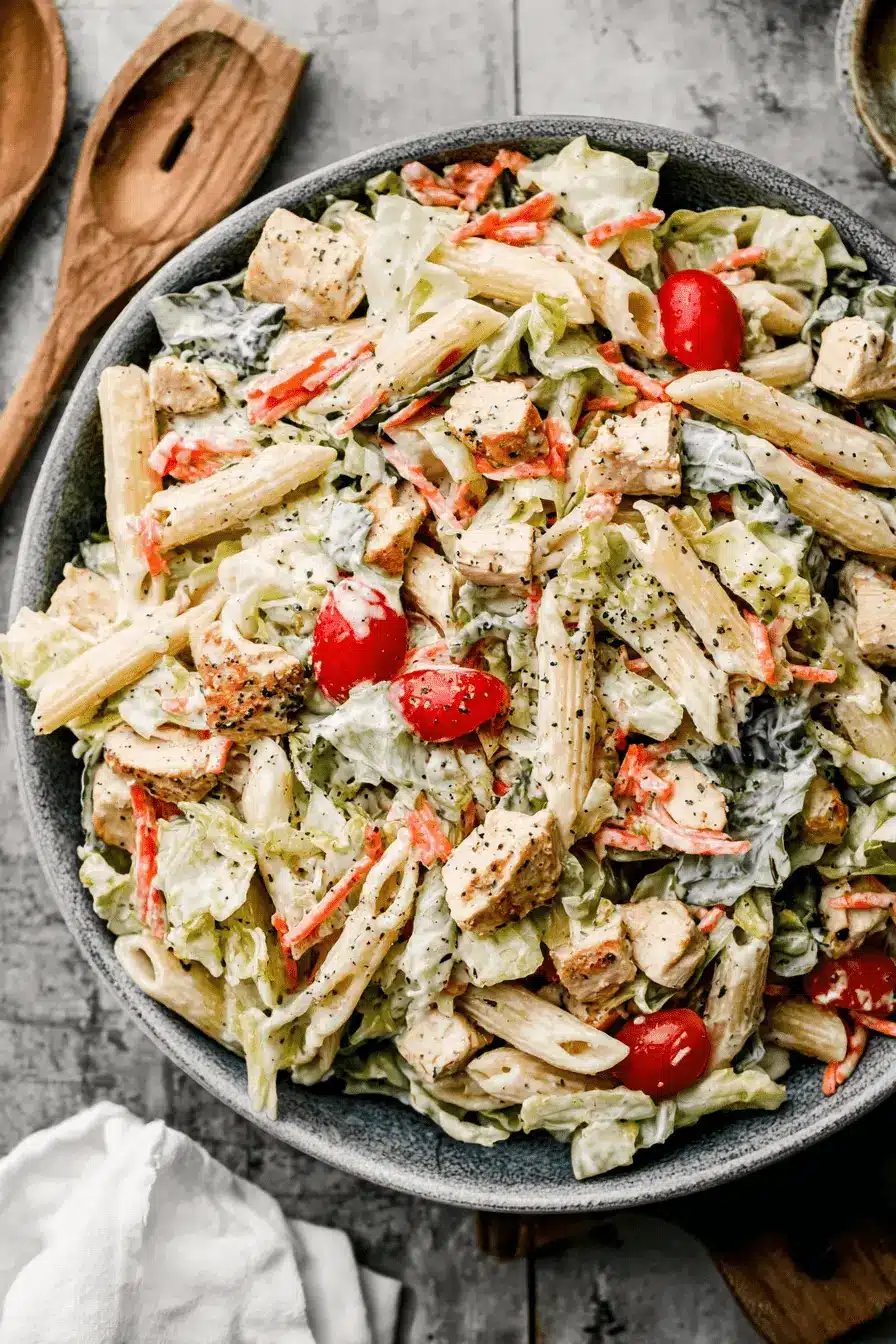 Amazing Ceasar Pasta Chicken Salad 2 Close-up overhead view of a vibrant ceasar pasta chicken salad with penne, grilled chicken, and fresh vegetables in a rustic grey bowl.