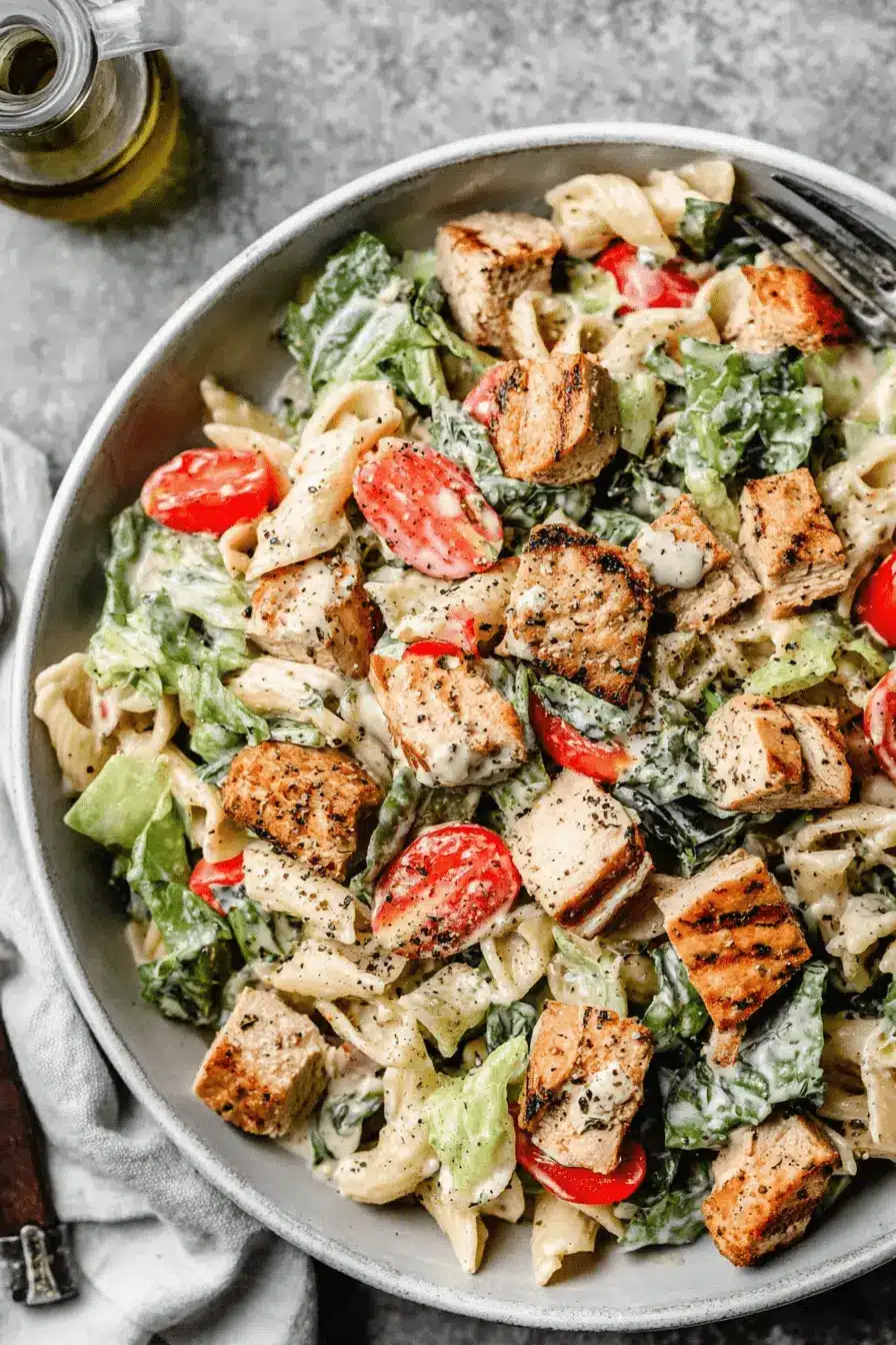 The Ultimate Ceasar Pasta Chicken Salad 2 A close-up, overhead view of a hearty ceasar pasta chicken salad with grilled chicken, cherry tomatoes, and romaine lettuce in a light gray bowl.