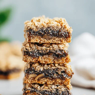 Amazing Homemade Fig Bars: Simple Recipe 4 Delicious stacked homemade fig bars with an oatmeal crumble topping and rich fig filling on a neutral background.