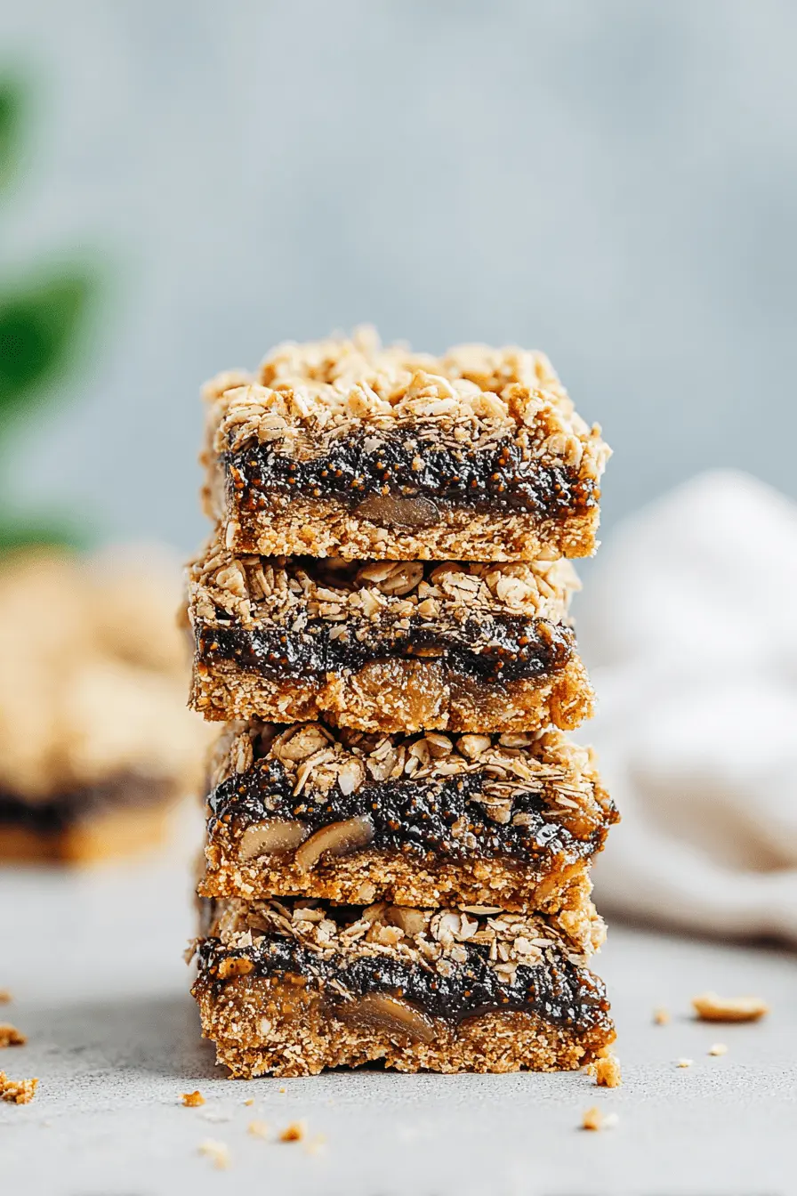 Amazing Homemade Fig Bars: Simple Recipe 2 Delicious stacked homemade fig bars with an oatmeal crumble topping and rich fig filling on a neutral background.