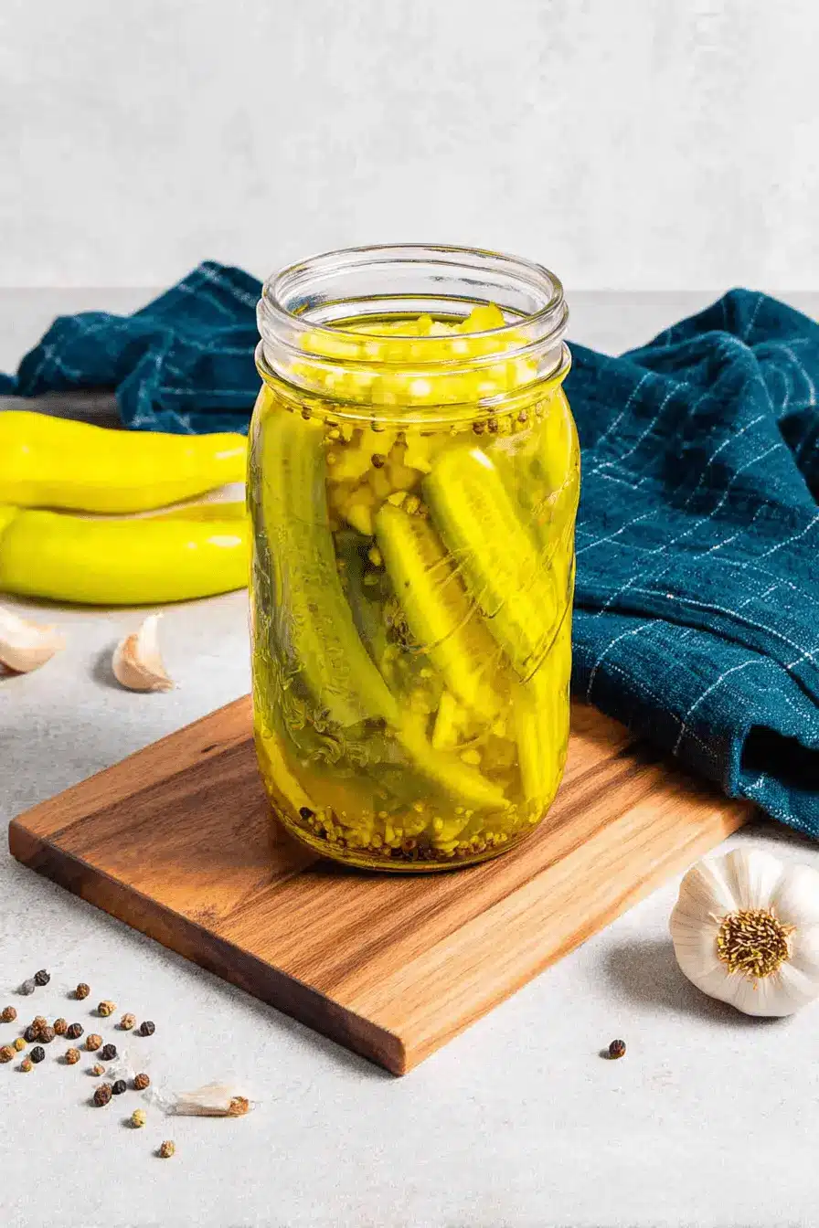 Amazing Pickled Banana Peppers: Easy Homemade Recipe 2 A mason jar of bright yellow pickled banana peppers with spices on a cutting board, alongside fresh peppers and garlic.