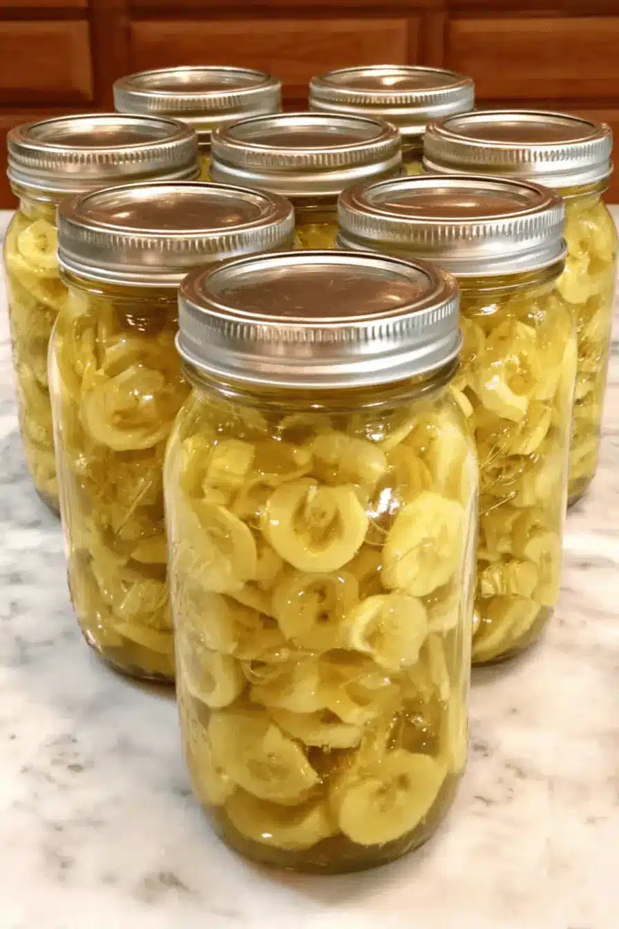 The Ultimate Guide to Canning Banana Peppers 2 Glass jars of home-canned sliced bananas on a marble surface, showcasing the preservation process, also applicable to canning banana peppers.