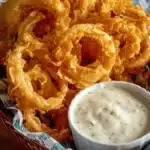 Amazing Fried Banana Peppers: Crispy & Easy 9 Crispy golden onion rings with dipping sauce, a perfect fried appetizer complement to fried banana peppers.