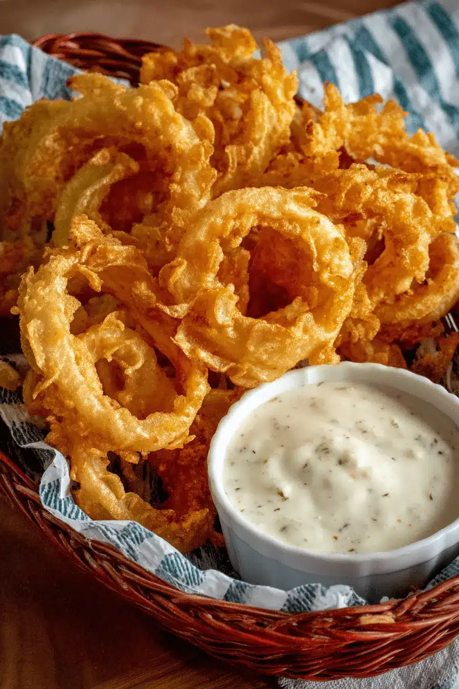 Amazing Fried Banana Peppers: Crispy & Easy 2 Crispy golden onion rings with dipping sauce, a perfect fried appetizer complement to fried banana peppers.