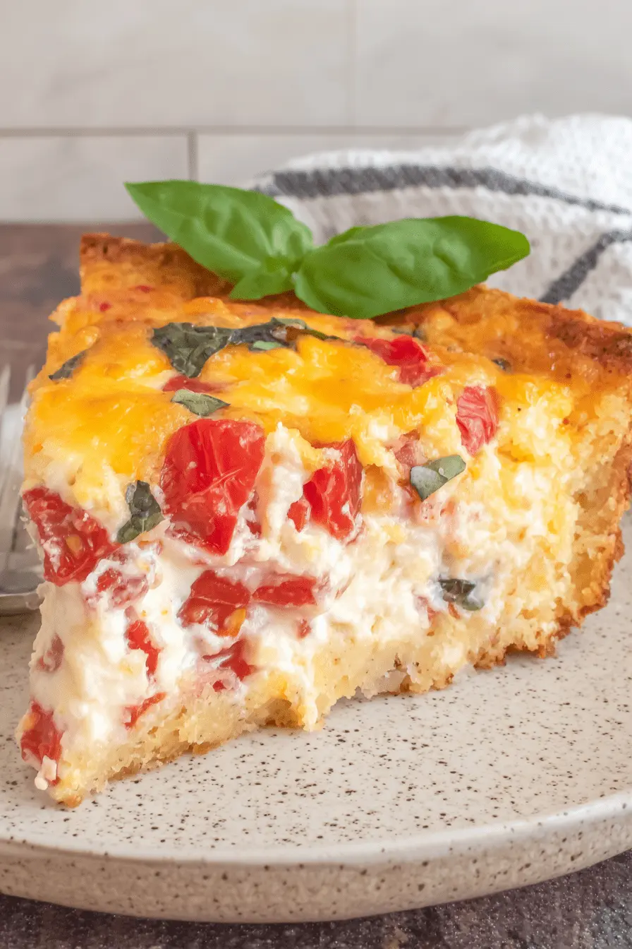 The Ultimate Southern Tomato Pie Recipe 2 A close-up of a triangular slice of a delicious southern tomato pie recipe with golden crust, melted cheese, and fresh basil on a speckled plate.