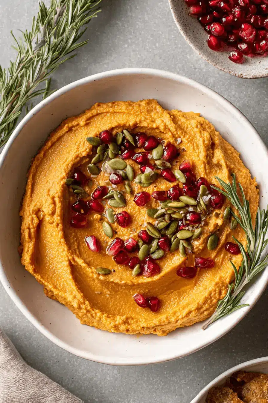 Amazing Easy Pumpkin Hummus Recipe 2 Vibrant orange pumpkin hummus swirled and topped with bright pomegranate seeds, green pepitas, and a sprig of fresh rosemary.