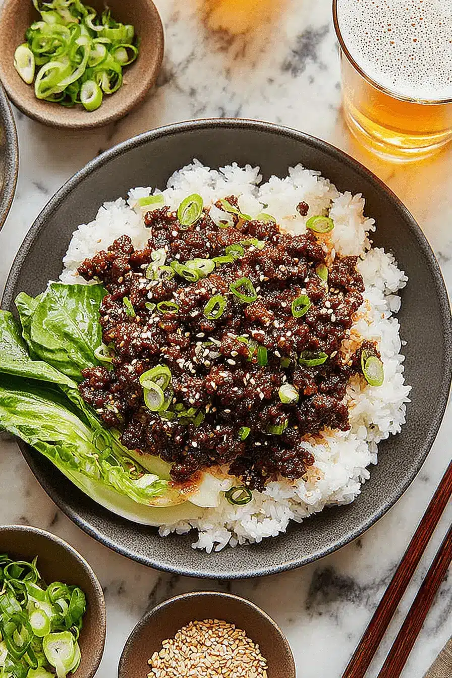 Amazing Korean Beef Bowl: Ready in Under 20 Mins 2 Top-down view of a delicious Korean Beef Bowl with savory ground beef, fluffy rice, bok choy, and garnishes on a marble countertop.